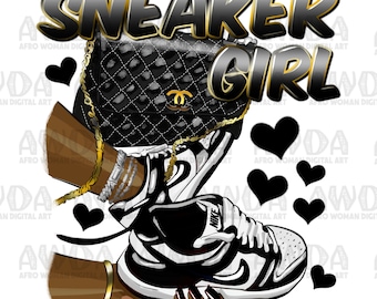 Sneaker girl black white gold png sublimation design download, black woman png, sneaker life png, afro woman hands png, sublimate download