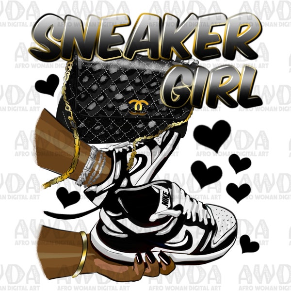 Sneaker girl black white gold png sublimation design download, black woman png, sneaker life png, afro woman hands png, sublimate download