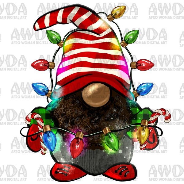 Afro gnome with Christmas lights png sublimation design download, Afro gnome png, Christmas Afro gnome png, sublimate designs download