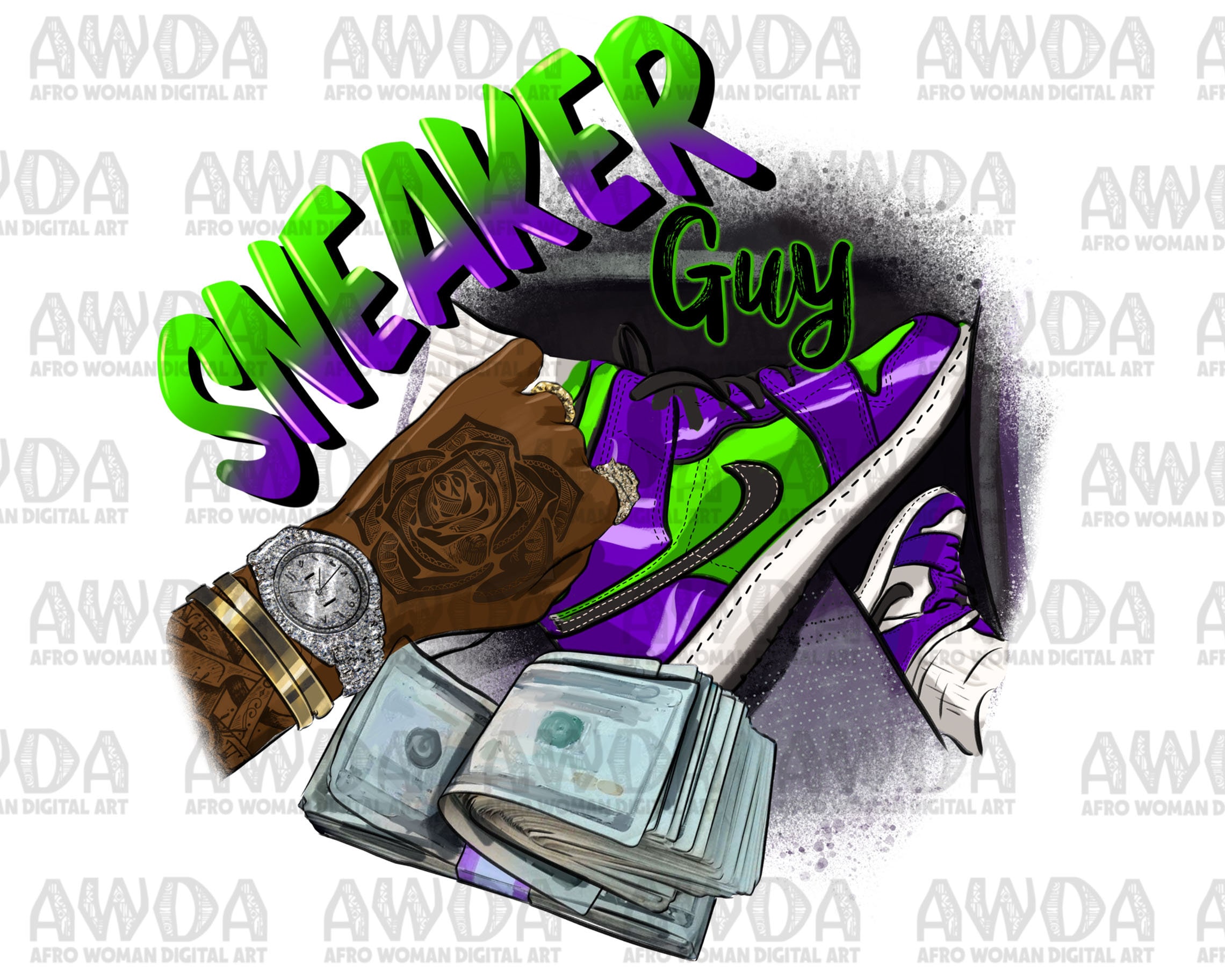 Black fashion man diamond money purple png sublimation design download, black man hand png, sneaker guy png, sublimate designs download