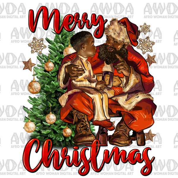 Merry Christmas black Santa with black kid boy png sublimation design download, black Santa png, black boy png, sublimate designs download