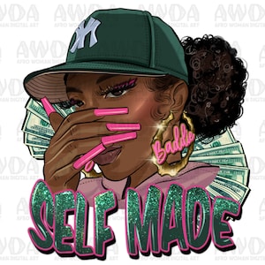 Self made black woman png sublimation design download, afro woman png, business png, cash money png, afro png, sublimate designs download
