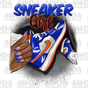 Black fashion woman long nails blue and orange png, black woman png, sneaker life png, afro woman nails png, sublimate designs download