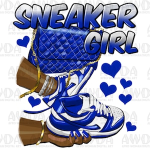 Sneaker girl royal blue and white png sublimation design download, black woman png, sneaker life png,afro woman hands png,sublimate download