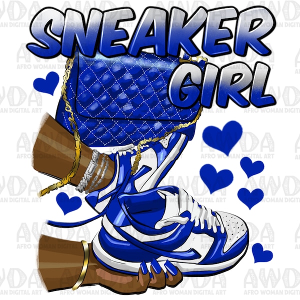 Sneaker girl royal blue and white png sublimation design download, black woman png, sneaker life png,afro woman hands png,sublimate download