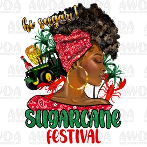 Könnte beinhalten: Eine digitale Illustration einer schwarzen Frau mit einem roten Bandana und großen goldenen Ohrringen. Sie ist umgeben von Bildern des Zuckerrohrfestivals, darunter ein Traktor, Mais und Krebse. Der Text "hi sugar!" und "SUGARCANE FESTIVAL" ist ebenfalls im Bild enthalten.