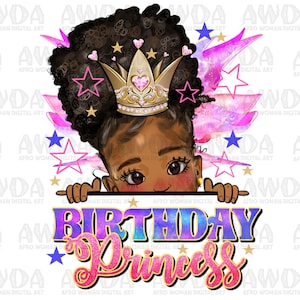 Birthday princess peekaboo afro girl png sublimation design download, black girl png, birthday girl png, sublimate designs download