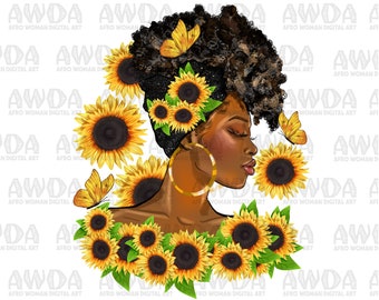 Sunflowers afro lady png sublimation design download, afro woman png, black woman png, afro png, beautiful woman png, sublimate download