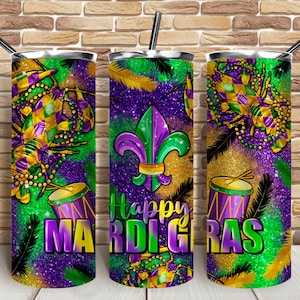 Happy Mardi Gras 20oz skinny tumbler png, Happy Mardi Gras png, Mardi Gras tumbler png, glitter tumbler png, sublimate designs download