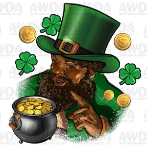 Black leprechaun png sublimation design download, St. Patrick&#39;s Day png, black man png, afro man png, sublimate designs download