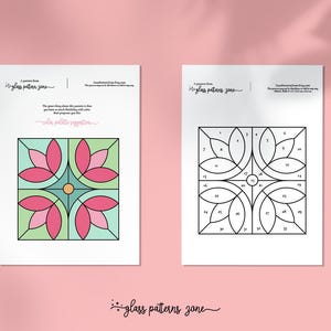 K&ouml;nnte beinhalten: Ein druckbares Bleiglasmuster mit einem floralen Design und nummerierten Abschnitten. Das Muster ist bereit, mit Glas oder Farbe Ihrer Wahl ausgemalt zu werden.