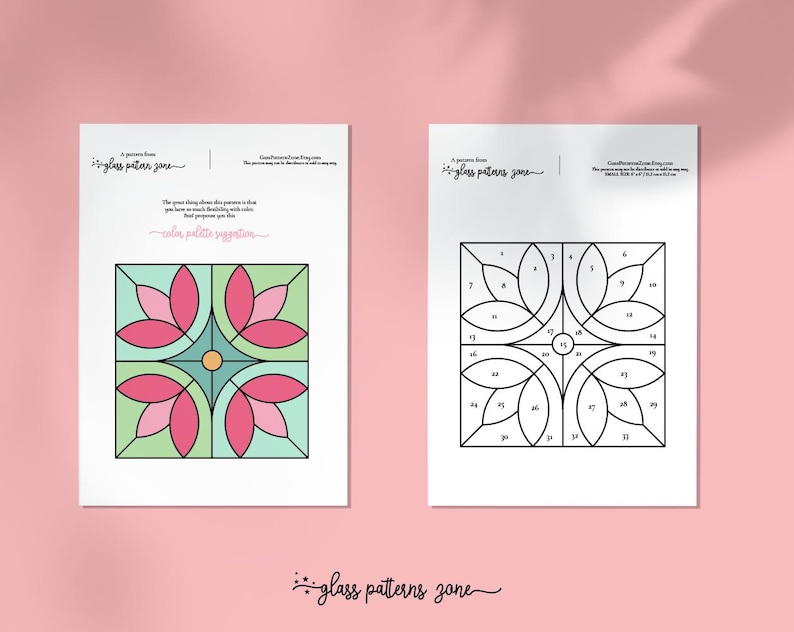 K&ouml;nnte beinhalten: Ein druckbares Bleiglasmuster mit einem floralen Design und nummerierten Abschnitten. Das Muster ist bereit, mit Glas oder Farbe Ihrer Wahl ausgemalt zu werden.