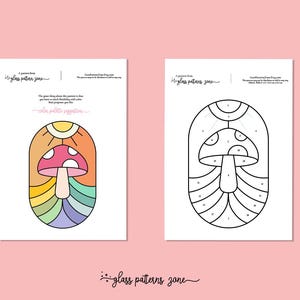 K&ouml;nnte beinhalten: Eine druckbare Malvorlage mit einem Pilz mit Regenbogenmuster. Die Seite enth&auml;lt ein nummeriertes Raster f&uuml;r Malen nach Zahlen. Der Text "glass patterns zone" erscheint oben und unten auf der Seite.