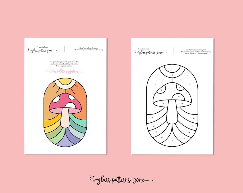 K&ouml;nnte beinhalten: Eine druckbare Malvorlage mit einem Pilz mit Regenbogenmuster. Die Seite enth&auml;lt ein nummeriertes Raster f&uuml;r Malen nach Zahlen. Der Text "glass patterns zone" erscheint oben und unten auf der Seite.
