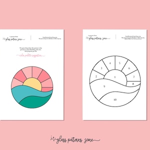 K&ouml;nnte beinhalten: Eine druckbare Vorlage f&uuml;r ein Buntglasfenster mit Sonnen- und Meeresmotiv. Die Vorlage ist in 10 Abschnitte unterteilt, die von 1 bis 10 nummeriert sind. Das Design zeigt eine rosa und gelbe Sonne mit blauen und gr&uuml;nen Wellen.
