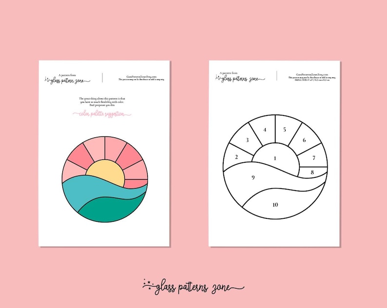 K&ouml;nnte beinhalten: Eine druckbare Vorlage f&uuml;r ein Buntglasfenster mit Sonnen- und Meeresmotiv. Die Vorlage ist in 10 Abschnitte unterteilt, die von 1 bis 10 nummeriert sind. Das Design zeigt eine rosa und gelbe Sonne mit blauen und gr&uuml;nen Wellen.
