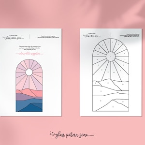 K&ouml;nnte beinhalten: Ein druckbares Bleiglasmuster einer Sonne, die hinter Bergen untergeht. Das Muster ist zur einfachen Referenz nummeriert. Der Text "glass pattern zone" erscheint oben und unten auf der Seite.