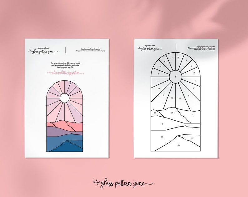 K&ouml;nnte beinhalten: Ein druckbares Bleiglasmuster einer Sonne, die hinter Bergen untergeht. Das Muster ist zur einfachen Referenz nummeriert. Der Text "glass pattern zone" erscheint oben und unten auf der Seite.