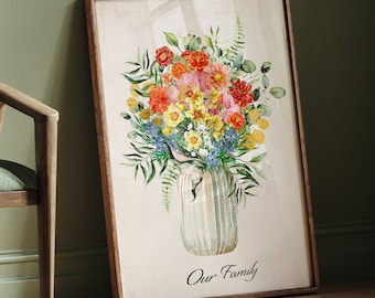 May include: A watercolor painting of a bouquet of flowers in a striped vase. The flowers are in shades of red, orange, yellow, and blue. The vase is white with green stripes. The text "Our Family" is written below the vase.