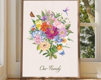 Christmas Gift for Mom Birth Flower Bouquet | Personalized Family Christmas Wall Art | Custom Birth Month Flower Digital Download