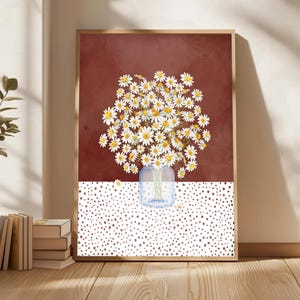 Terracotta Floral Still Life Art Print, Chamomile, Daisy Birth Month Flower April Birthday Personalized Gift for Mom, Sister Gift For Sister