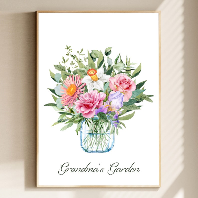 Custom Birth Month Flower Print Wall Art Custom Birth Month Flower Bouquet Personalized Wall Art for Her Custom Gift for Mom Grandmas Garden image 1