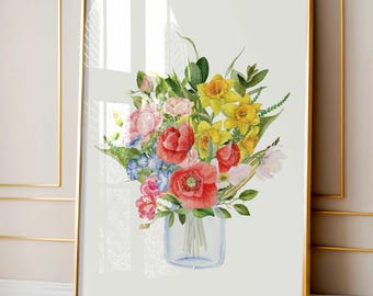 May include: A watercolor painting of a bouquet of flowers in a glass vase. The flowers are red, yellow, pink, and blue. The vase is clear glass and has a blue tint.