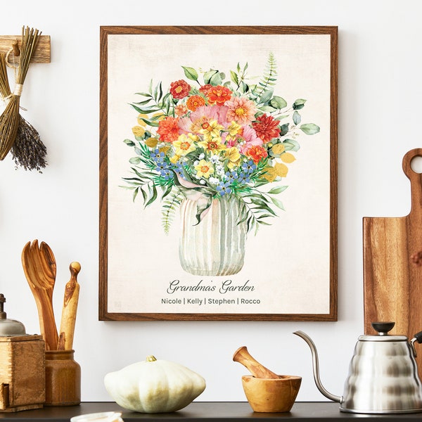 Geburtsblumen-Familienstrauß Benutzerdefinierte Digitaldruck-Personalisiertes Geschenk Muttertag Großmutter Geschenk Blumenfamilienporträt-benutzerdefinierte Wanddekoration