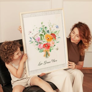 Birth Flower Family Bouquet Custom Digital Print Personalized Gift Mother&#39;s Day Antique Home Art Grandmother Gift Floral Family Portrait