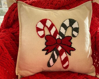Christmas candies Pillow, Punch Needle Throw Pillow, 16x16 Natural Pillow Cover, New Year Punch Needle Pillow, Christmas Pillowcase