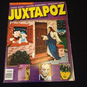 May include: A vintage Juxtapoz magazine with a purple border. The cover art features a scene with Jesus knocking on a door, and three pigs looking out a window. The magazine's title is in large yellow letters.