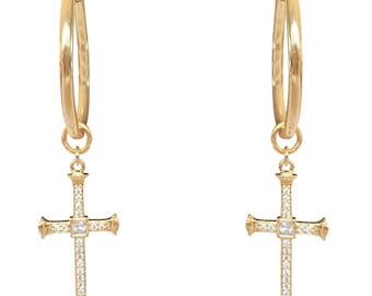 22 kt gold plated hoops with crystal Crosses, Cross hoops, Gold hoops, Crystal hoops, Gift idea for Her, Anniversary gift, Birthday gift