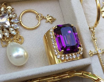 Swarovski Gold plated ring, statement ring, cocktail ring, chunky ring, luxury ring, big ring, gold ring, purple ring, adjustable ring