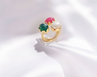 Adjustable gold ring, gems ring, Jade and pearl ring, ring stack, Natural Jade gemstone, Pink Stone, Chunky Ring, Statement gold plated ring