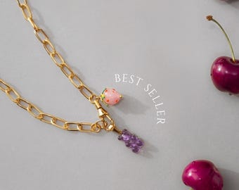 Gold Plated Chain Necklace, Teddy Bear, Murano Strawberry Charm