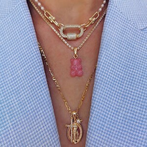 Teddy Chain Necklace, Pink Teddy, 20 karat gold plated, Tennis necklace, Gummy Bear, Crystal Chain, For Mom | Anniversary Gift
