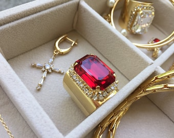 Swarovski gold plated ring, statement ring, cocktail ring, chunky ring, luxury ring, big ring, gold ring, red ring, Gift idea for her