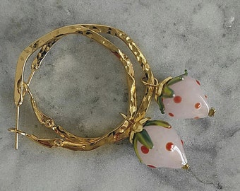 Gold plated hoop earrings, Murano charms, Strawberry charms, 24 k gold plated, Pink hoops