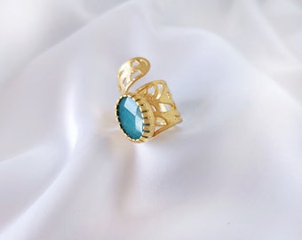 Gold Plated Jade ring, statement ring,  adjustable ring, blue ring, green ring, chunky ring, big ring, adjustable ring