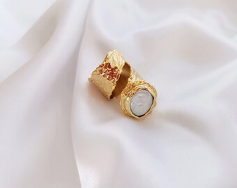 24 kt Gold Plated ring, Adjustable Ring, Statement Open Ring, Big Ring, Gift For Her, Wrap ring, Freshwater Pearl