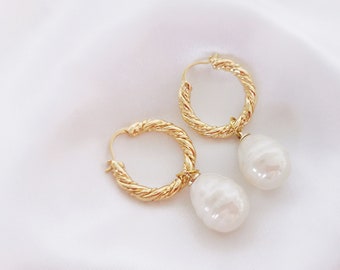 22 kt gold plated hoops with pearls, Barocco pearl, Big Pearl Hoops, Gold hoops, Gift idea for Her, Anniversary gift, Birthday gift