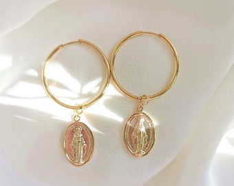 22 kt gold plated hoops with medallions, Rosary hoops, Mother Mary medallion, Charm hoops Gift idea for Her, Anniversary gift, Birthday gift