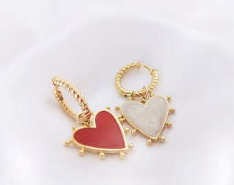 24 kt gold plated hoops with hearts, Love hoops, Red heart hoops, White heart hoops, Gift idea for Her, Anniversary gift, Birthday gift