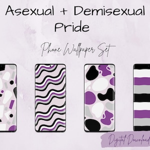 Puede incluir: Conjunto de cuatro fondos de pantalla para teléfono con diseños abstractos en negro, blanco, gris y morado. Los diseños incluyen formas geométricas, rayas y líneas onduladas. El texto "Asexual + Demisexual Pride Phone Wallpaper Set" está en la parte superior de la imagen.
