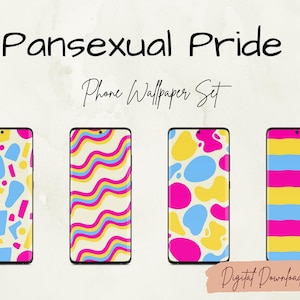 Puede incluir: Conjunto de cuatro fondos de pantalla para teléfono con diseños abstractos en rosa, amarillo y azul. Los diseños incluyen formas geométricas, líneas onduladas y rayas. El texto "Pansexual Pride Phone Wallpaper Set" está en la parte superior de la imagen.