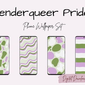 Puede incluir: Conjunto de cuatro fondos de pantalla para teléfono con diseños abstractos en tonos de verde, morado y blanco. El texto "Genderqueer Pride Phone Wallpaper Set" está en la parte superior de la imagen. El texto "Digital Download" está en la parte inferior de la imagen.