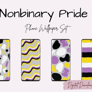 May include: A set of four smartphone screens displaying nonbinary pride flag designs. The screens feature abstract patterns in the colors of the nonbinary flag: yellow, white, purple, and black. Text at the top reads "Nonbinary Pride Phone Wallpaper Set."