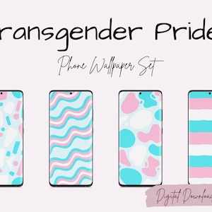Puede incluir: Conjunto de cuatro fondos de pantalla para teléfono con diseños abstractos en rosa, azul y blanco. Los diseños incluyen formas geométricas, líneas onduladas y rayas. El texto "Transgender Pride Phone Wallpaper Set" está en la parte superior de la imagen.
