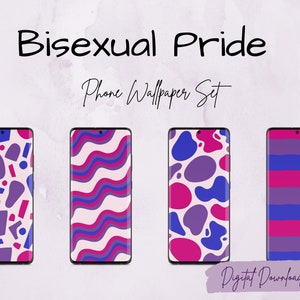 Puede incluir: Conjunto de cuatro fondos de pantalla para teléfono con diseños abstractos en rosa, morado y azul. Los diseños incluyen formas geométricas, líneas onduladas y rayas. El texto "Bisexual Pride Phone Wallpaper Set" se muestra en la parte superior de la imagen.