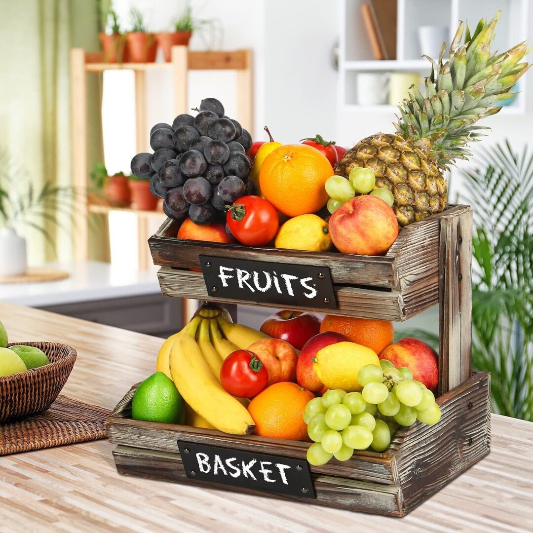 2 Tier Rustic Wood Fruit Basket Fruit Storage Vegetable Etsy
